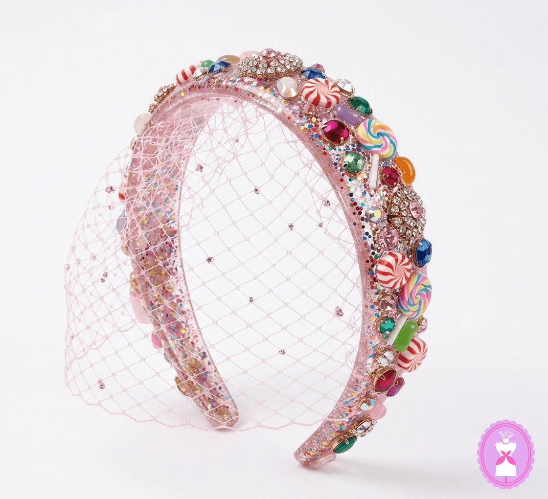 Pink candy and jewel-encrusted Lush Fascinator with a delicate veil