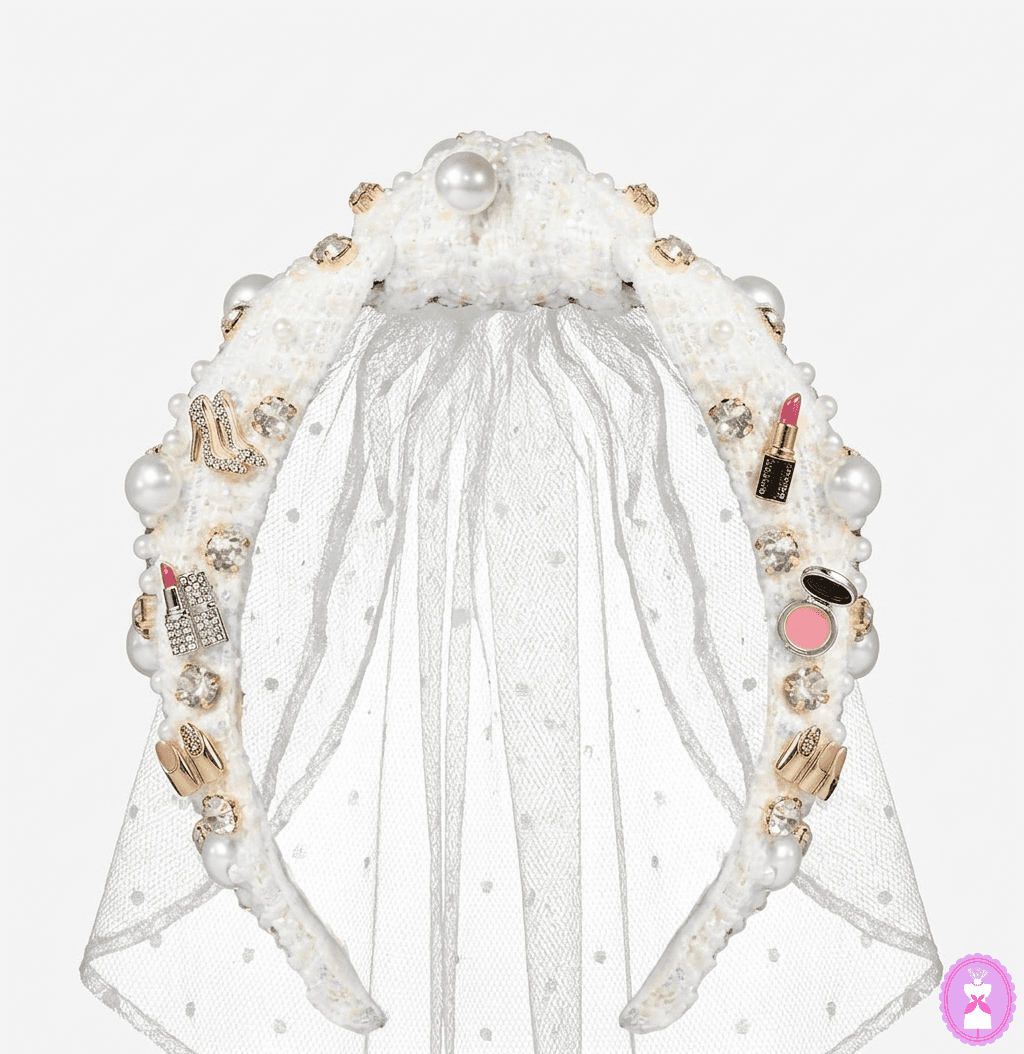 White pearl and beauty-inspired Lush Fascinator with a dotted veil